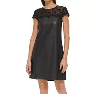 Kensie Women's Lace-Trim Faux-Leather Shift Dress Black Sz 4